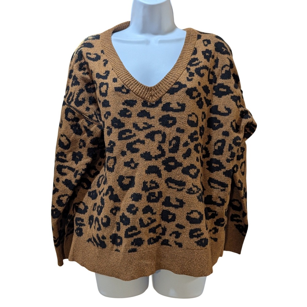 Knox Rose Leopard Print V-Neck Sweater Womens XL Brown Black Cozy‎ Knit